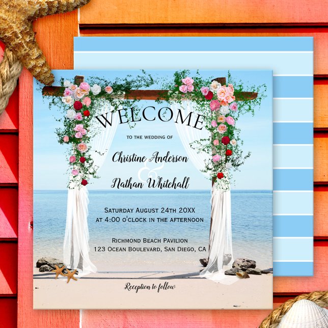 Plage Floral Arbor Faire-part de mariage (A romantic wedding invitation featuring an arch with veils and roses on the beach)
