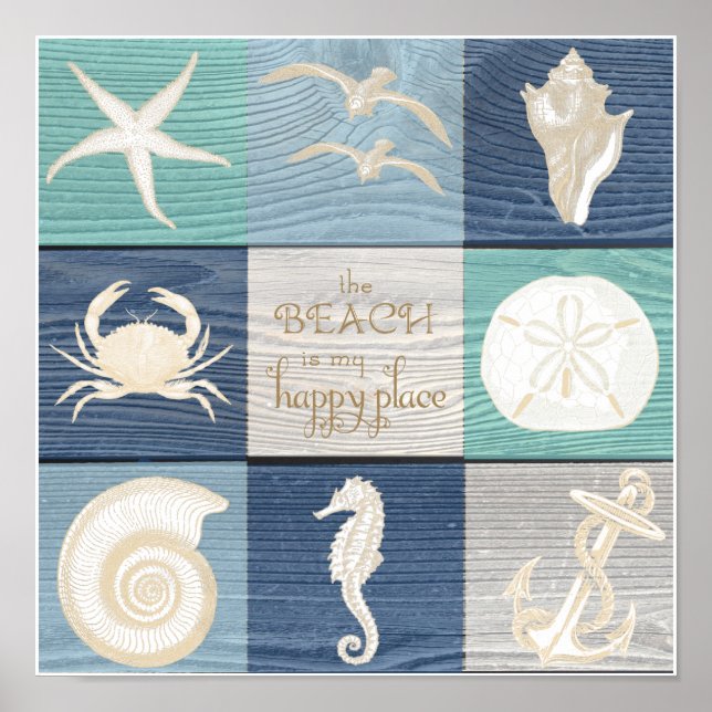 Plage Happy Place Bleu Aqua Ancien Poster de la me (Devant)