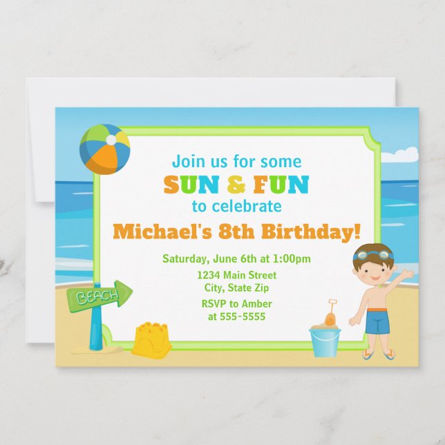Plage Invitation Anniversaire Plage Party Boy (Devant)