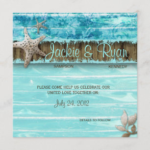 Plage Mariage Invitation Coquillage bleu Bois