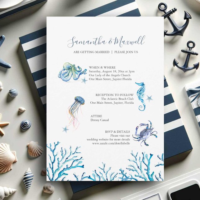 Plage Mariage Invitations Aquarelle Océan (Nautical illustrated wedding invitations watercolor art by Victoria Grigaliunas Do Tell A Belle)