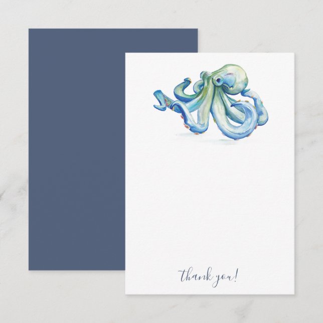 Plage Merci Cartes Bleu Aquarelle Octopus (Devant / Derrière)