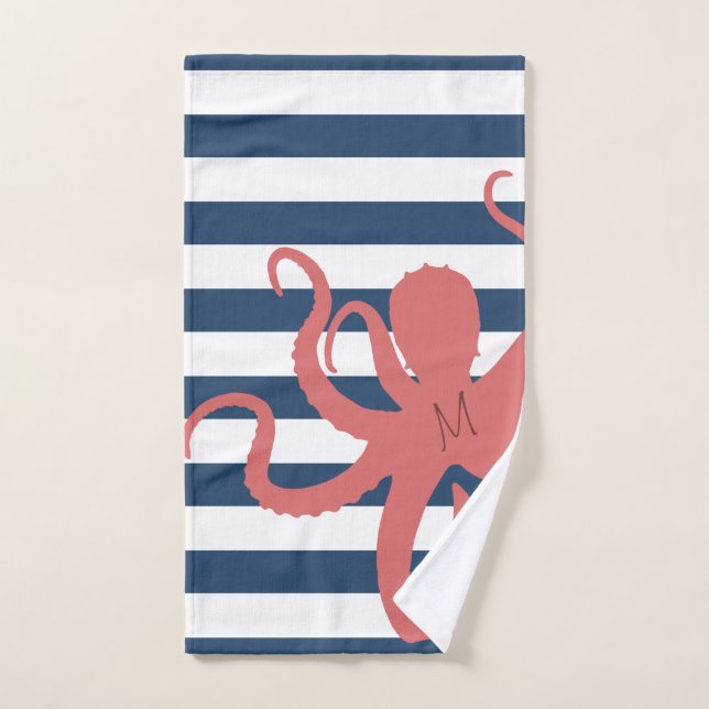 Plage moderne de pieuvre rouge marine blanche rayé (Serviette à main)