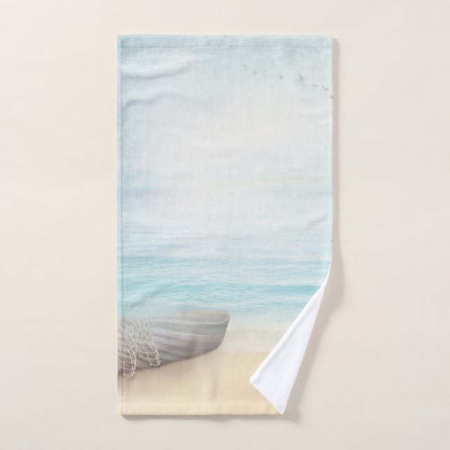 Plage nautique avec Rowboat & Fishing Net (Serviette à main)