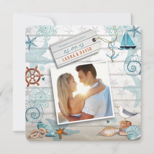 Plage nautique | Invitation photo Mariage (Devant)