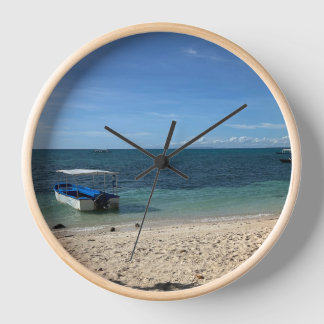 Plage Océan Bleu Tropical & Bateau : Horloge Mural