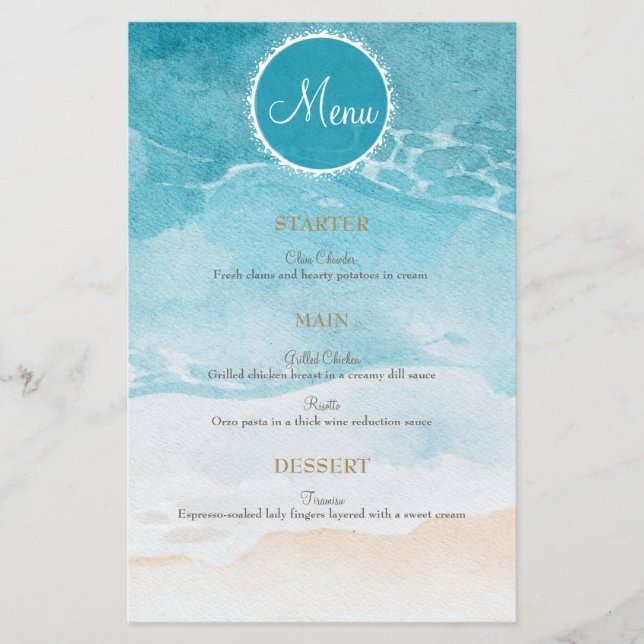 Plage, Ocean Watercolor Arrière - plan Menu Mariag (Devant)