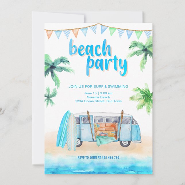 Plage Party Retro Van, Surfboard Invitation Card (Devant)