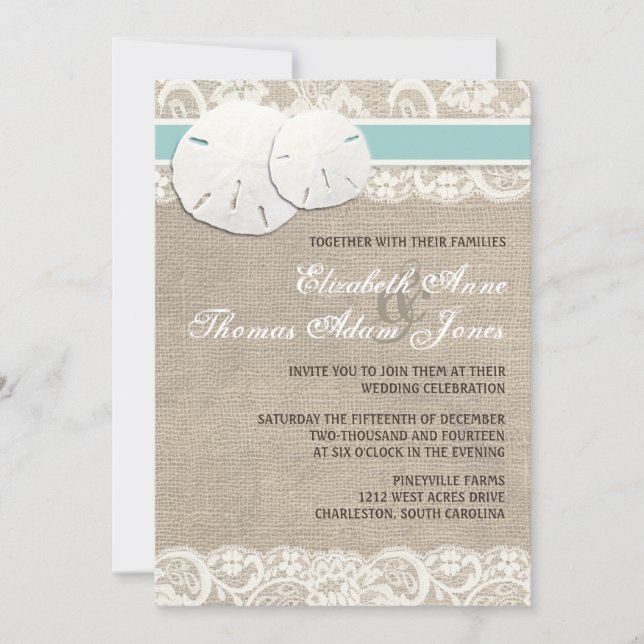 Plage Rustique Burlap Lace Faire-part de mariage (Devant)