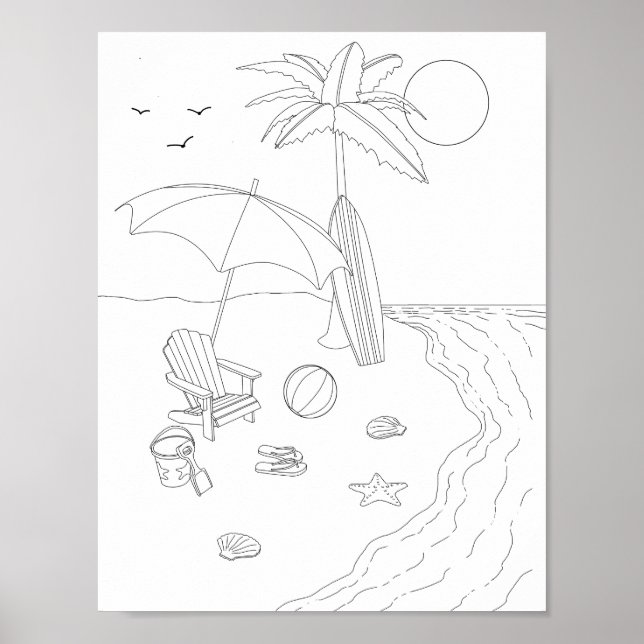 Plage Scène Adulte Coloriage Poster (Devant)