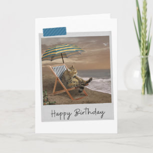 Plage Transat Chat Drôle Carte Anniversaire