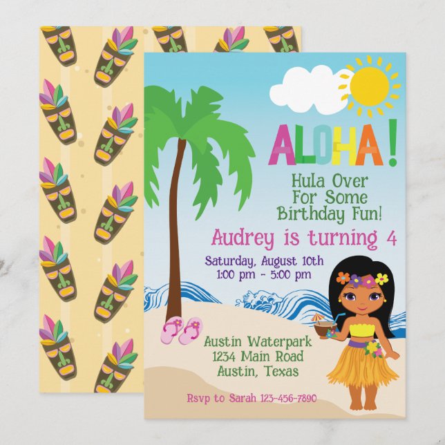 Plage tropicale Aloha Luau Invitation Anniversaire (Devant / Derrière)