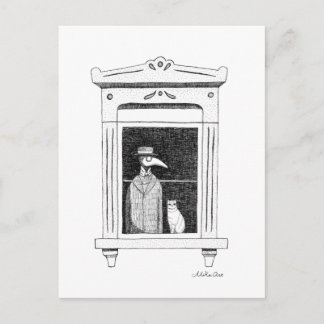 Plague Doctor with cat at a window Steampunk art Postcard