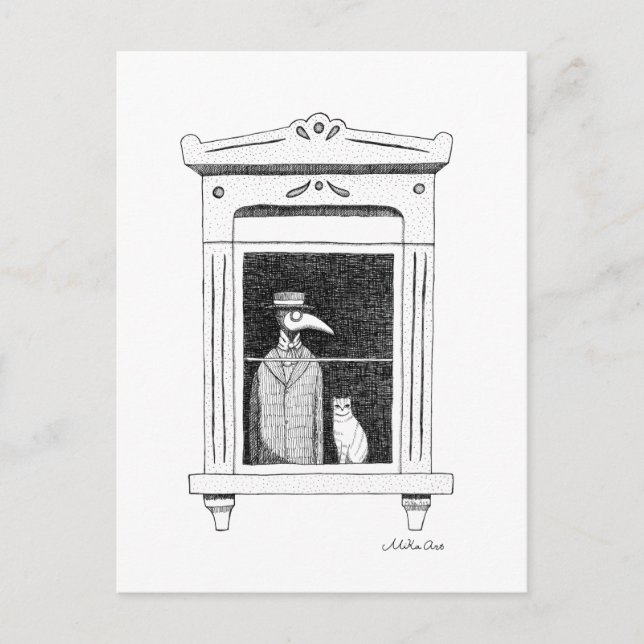 Plague Doctor with cat at a window Steampunk art Postcard (Front)
