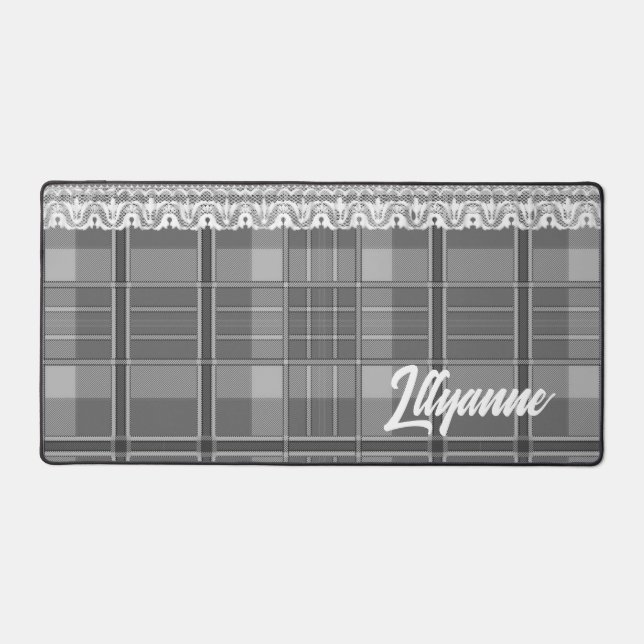 Plaid and lace black and white cute desk mat (Front)