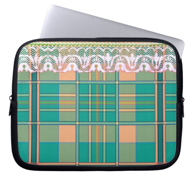 Plaid and lace green peach white lace look trim laptop sleeve (Front)