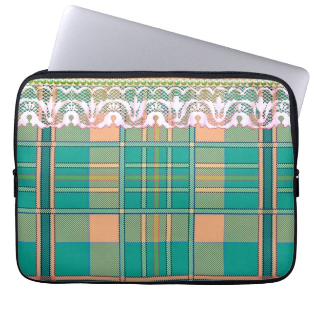 Plaid and lace peach green girly 13" laptop sleeve (Front)