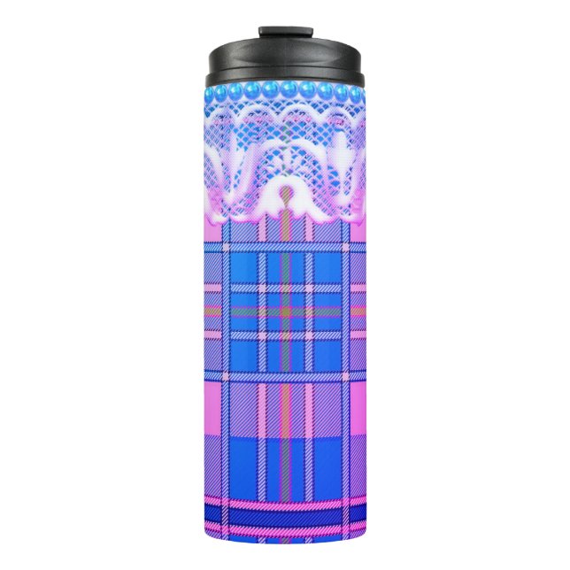 Plaid and lace purple and pink cute girly thermal tumbler (Front)