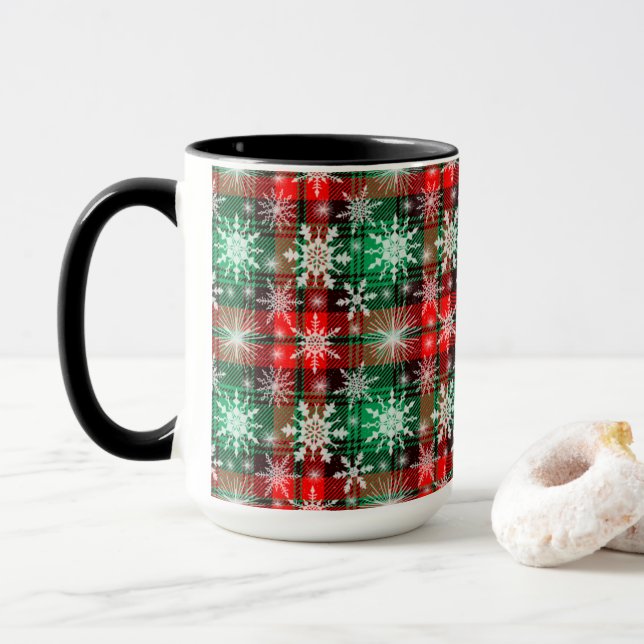 Plaid And Snowflakes Christmas Pattern 1 Mug (With Donut)