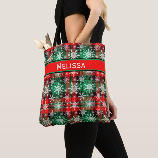 Plaid And Snowflakes Christmas Pattern 1 With Name Tote Bag (Close Up)