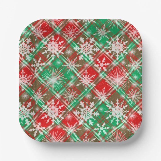 Plaid And Snowflakes Christmas Pattern 2 Paper Plate (Front)