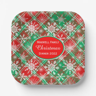 Plaid And Snowflakes Christmas Pattern 2 With Text Paper Plate