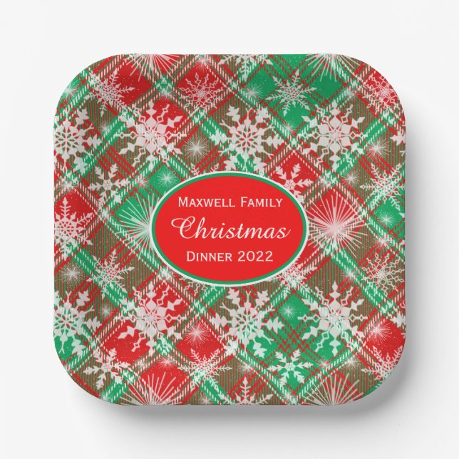 Plaid And Snowflakes Christmas Pattern 2 With Text Paper Plate (Front)