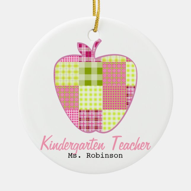Plaid Apple Kindergarten Teacher Ceramic Ornament (Front)