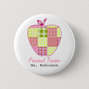 Plaid Apple Preschool Teacher 2 Inch Round Button