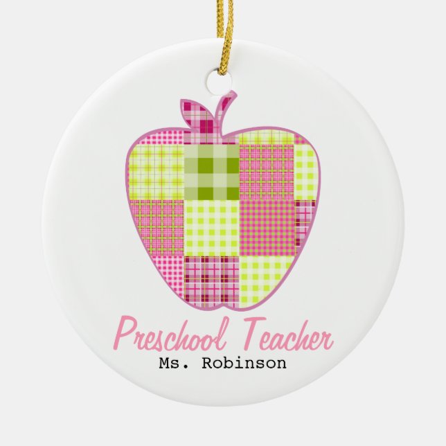 Plaid Apple Preschool Teacher Ceramic Ornament (Front)