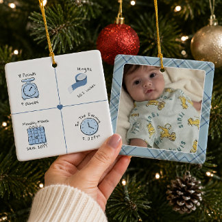 Plaid Baby Boy Birth Stats Photo Personalized Ceramic Ornament