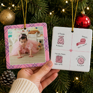 Plaid Baby Girl Birth Stats Photo Personalized Ceramic Ornament
