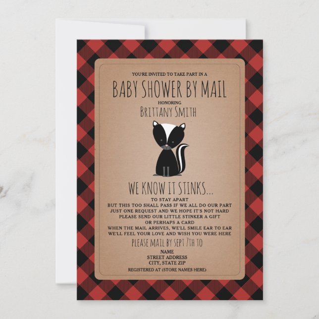 Plaid Baby Shower By Mail Social Distancing Skunk Invitation (Front)