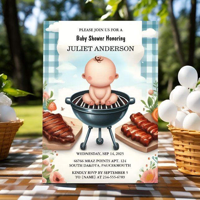 Plaid Babyq Fun Food Steak Beef Bbq Baby Shower Invitation (Creator Uploaded)