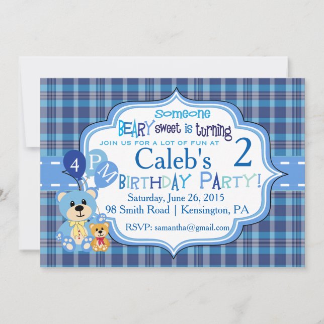 Plaid Bear Birthday Invitation (Front)