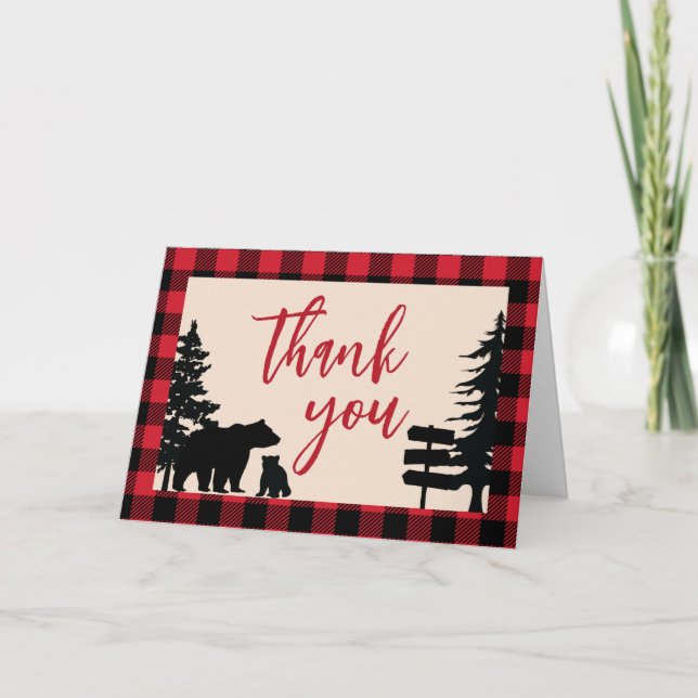 Plaid Bear Cub Lumberjack Baby Shower Thank You Card (Front)