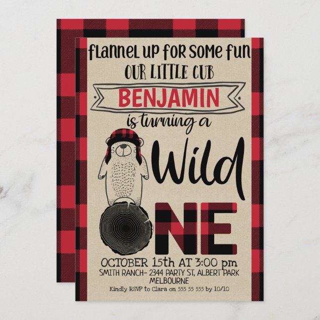 Plaid Bear Wild Un Anniversaire Invitation (Devant / Derrière)