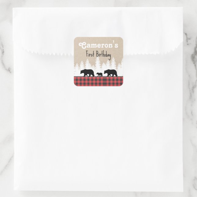 Plaid Bears Birthday Party Square Sticker (Bag)