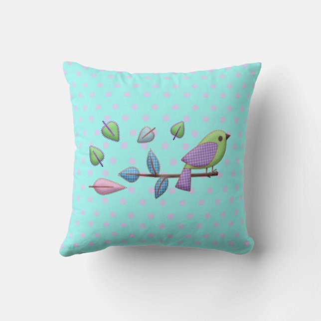 Plaid Bird with Gingham Leaves Pink Blue Dots Outdoor Pillow (Back)
