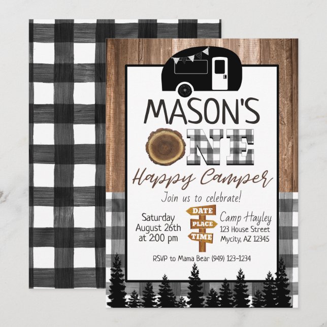 Plaid black and white One Happy Camper Boy Camping Invitation (Front/Back)