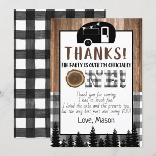 Plaid black and white One Happy Camper Thank You Invitation