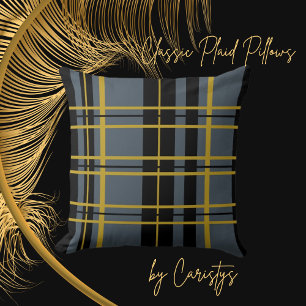 Plaid Black Gold Grey Striped  Throw Pillow