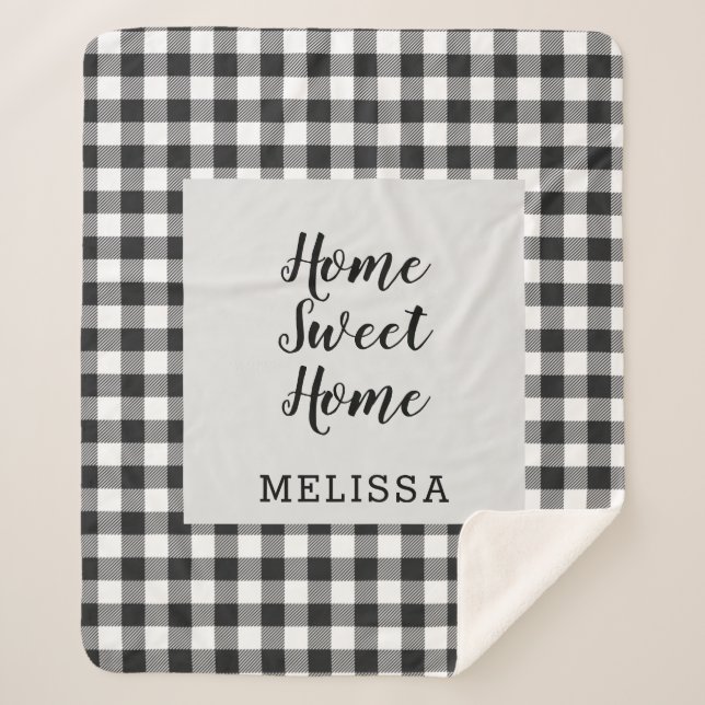 Plaid Black White Gingham Custom Sherpa Blanket (Front)