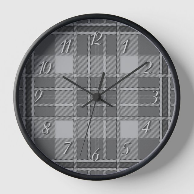 Plaid  black white grey  clock (Front)