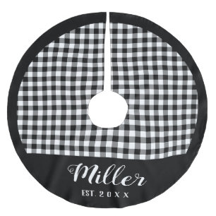 Plaid Black & White Holiday Name + Year Christmas Brushed Polyester Tree Skirt