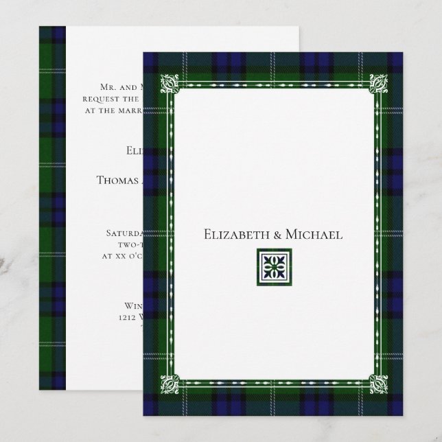 Plaid Bleu & Vert, Faire-part de mariage Tartan (Devant / Derrière)