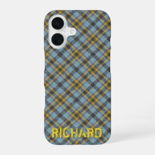 Plaid Blue and Gold Name Template iPhone 16 Case