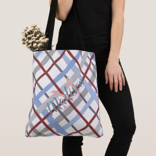 Plaid Blue Burgundy Cute Girly Name Monogram Tote Bag