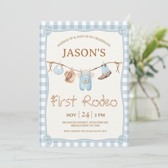 Plaid Blue Clothesline Western Rodeo 1st Birthday Invitation (Standing Front)
