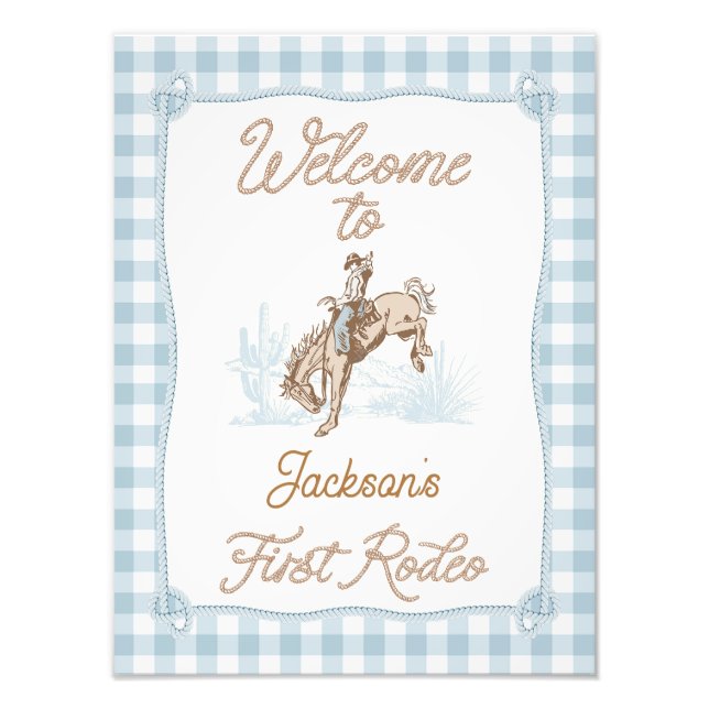 Plaid Blue First Rodeo Welcome Birthday Poster (Front)